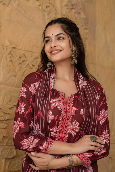 Women's Maroon Rayon Blend Floral Printed Straight Kurta Trouser With Dupatta