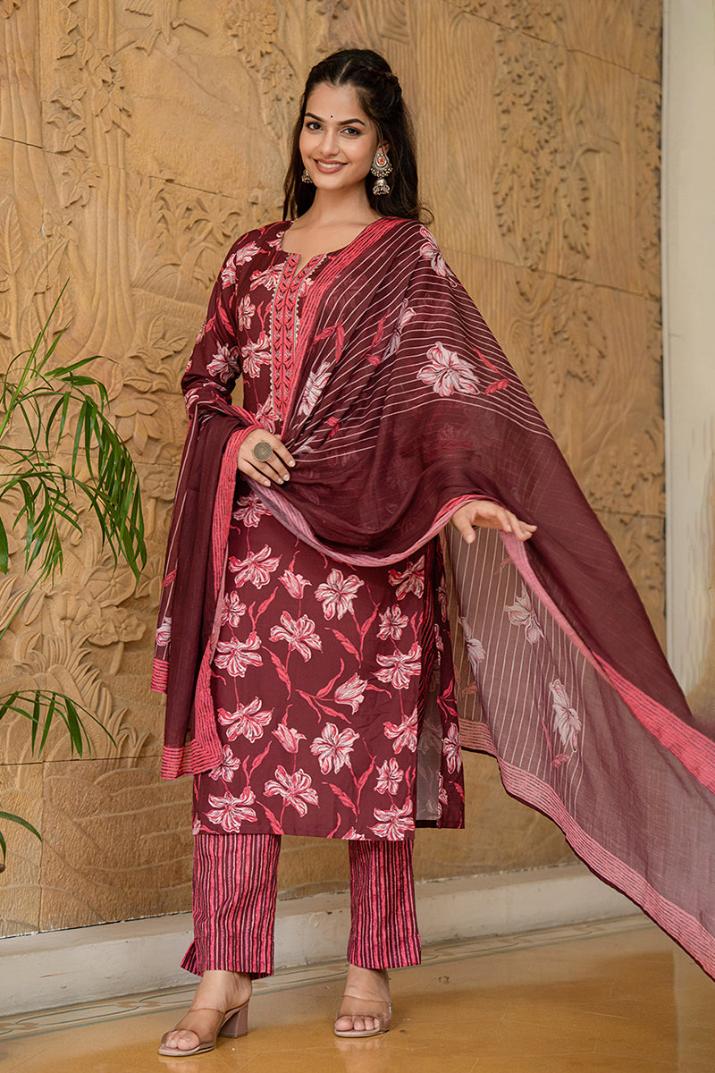 Women's Maroon Rayon Blend Floral Printed Straight Kurta Trouser With Dupatta