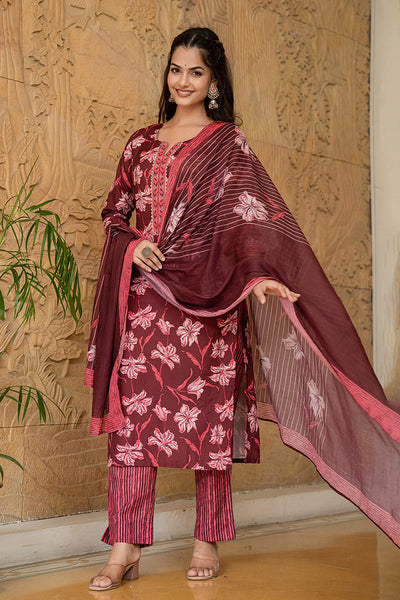 Women's Maroon Rayon Blend Floral Printed Straight Kurta Trouser With Dupatta