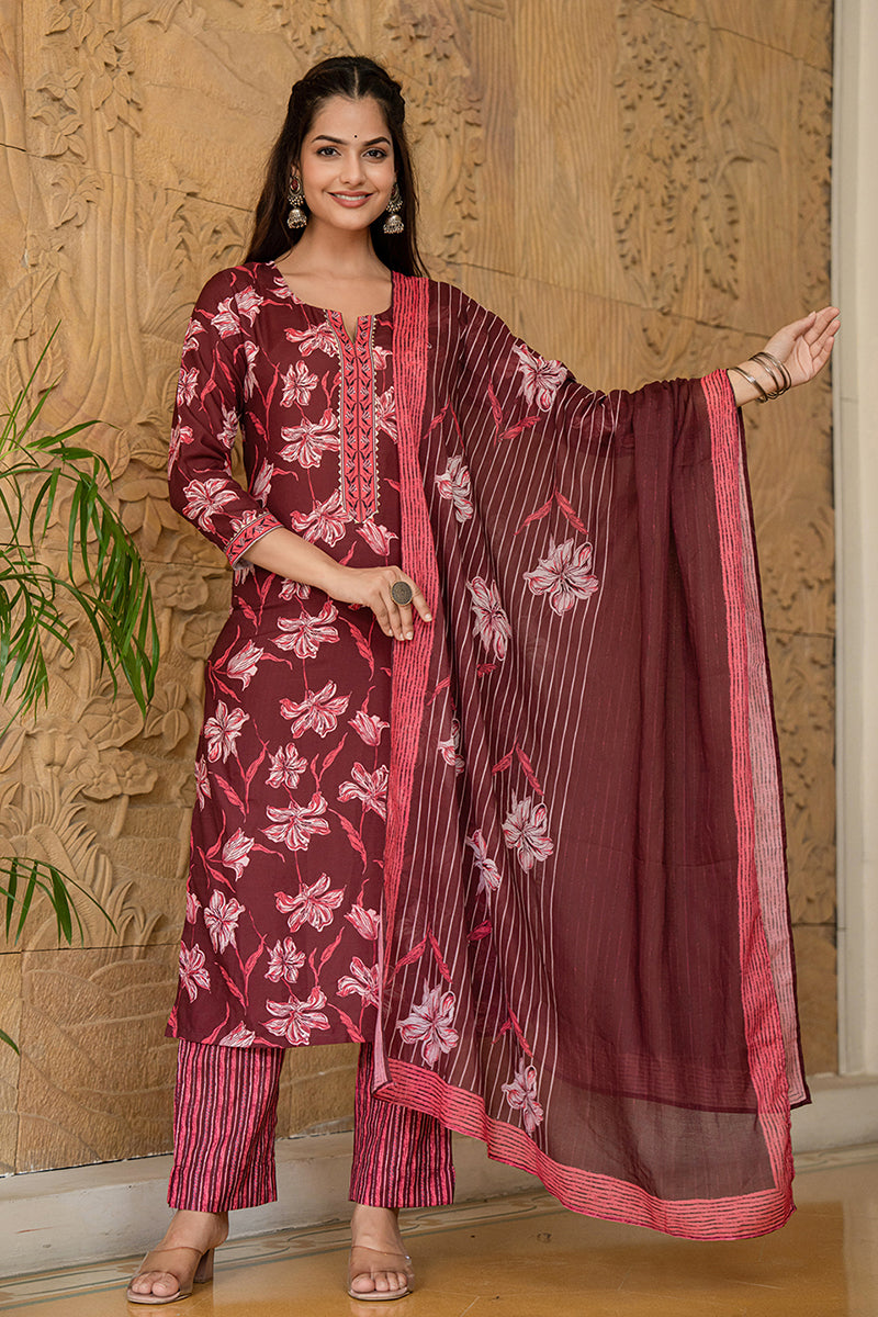 Women's Maroon Rayon Blend Floral Printed Straight Kurta Trouser With Dupatta