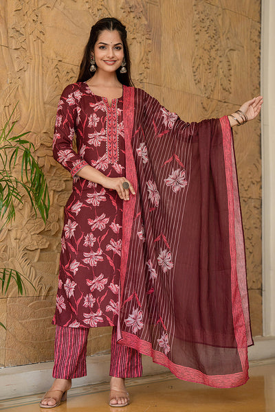 Women's Maroon Rayon Blend Floral Printed Straight Kurta Trouser With Dupatta