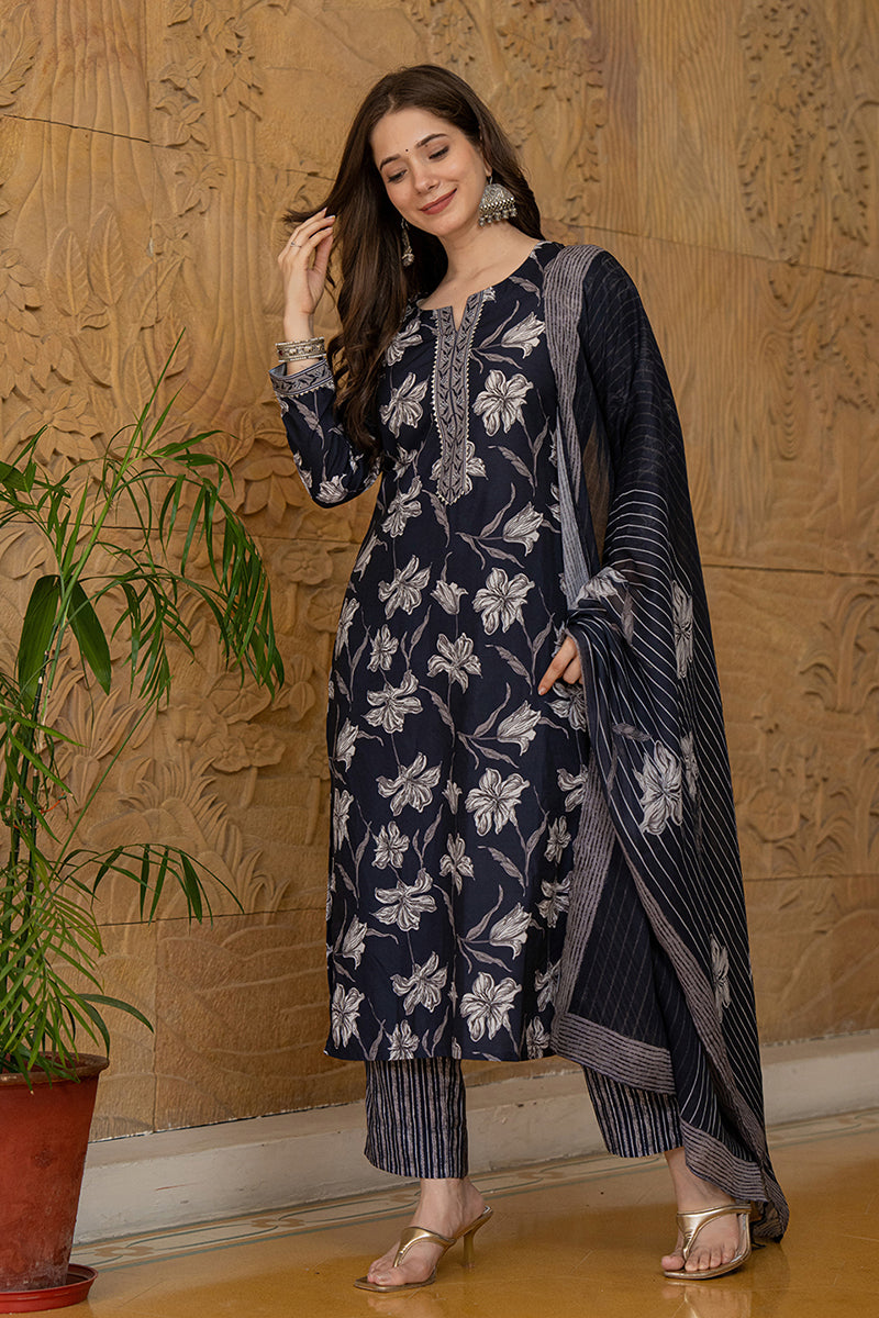 Women's Black Rayon Blend Floral Printed Straight Kurta Trouser With Dupatta
