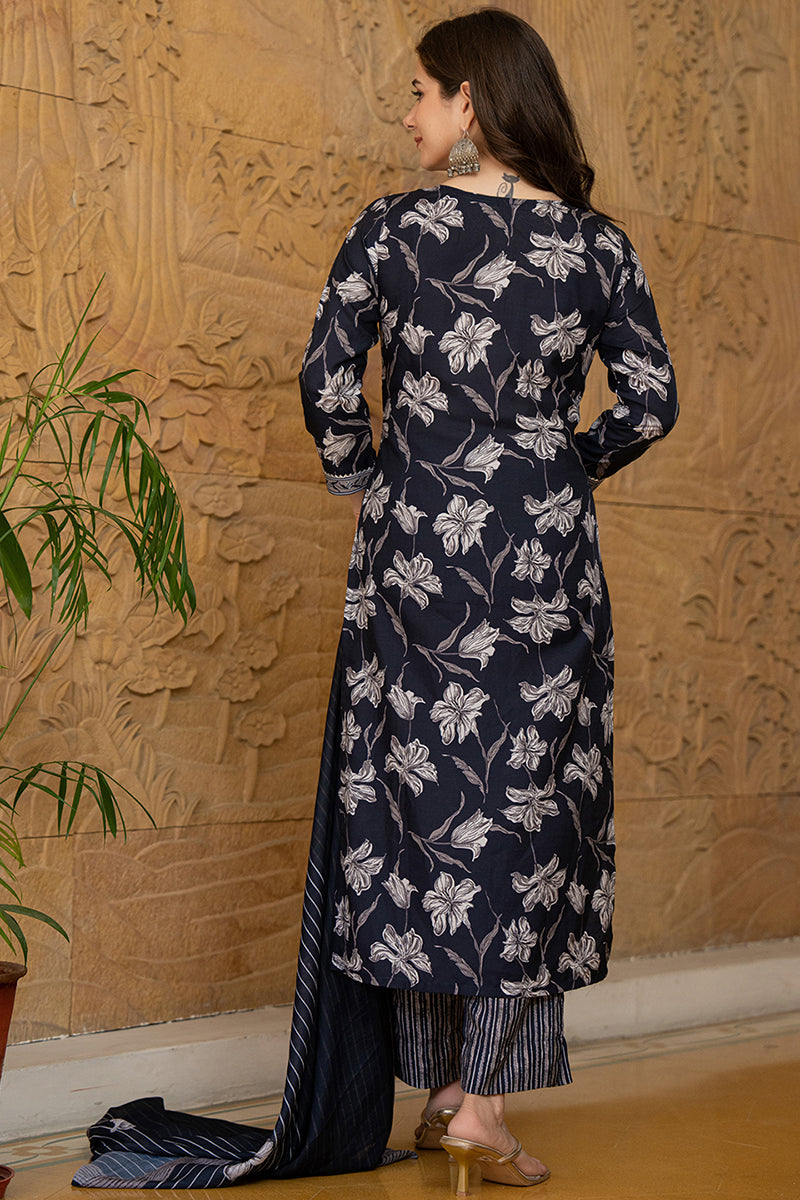 Women's Black Rayon Blend Floral Printed Straight Kurta Trouser With Dupatta