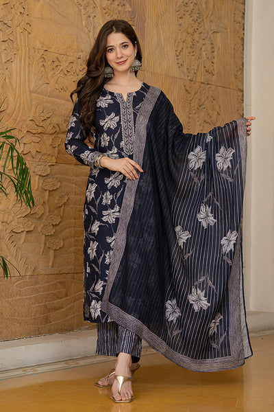 Women's Black Rayon Blend Floral Printed Straight Kurta Trouser With Dupatta