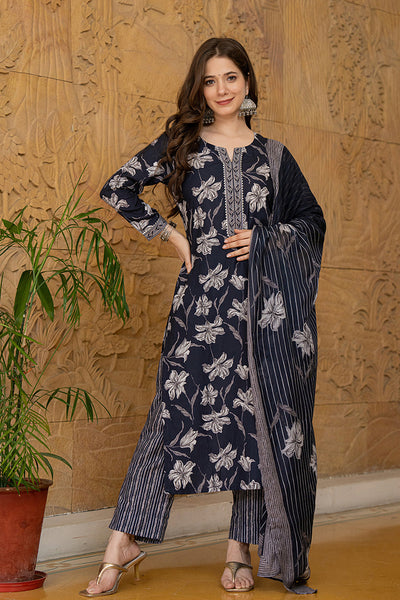 Women's Black Rayon Blend Floral Printed Straight Kurta Trouser With Dupatta