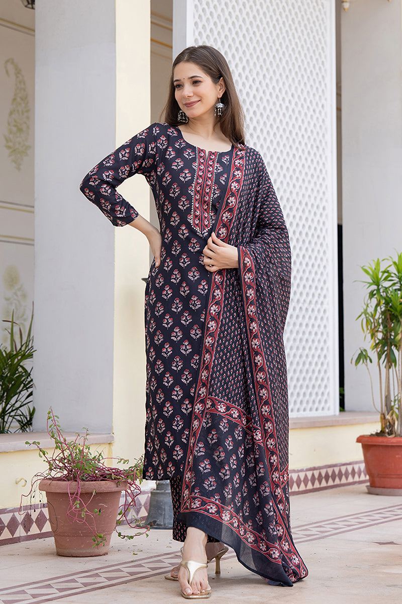 Women's Black Rayon Blend Floral Printed Straight Kurta Trouser With Dupatta