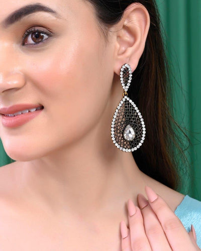 Women's Set Of 2 Earrings- Blue Printed Jhumka With Black  Ad Studded Drop  Earrings