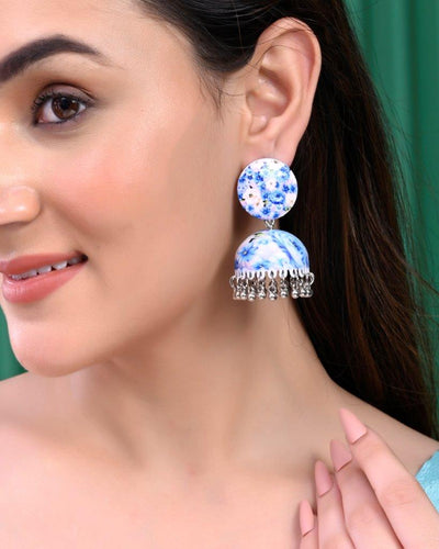 Women's Set Of 2 Earrings- Blue Printed Jhumka With Black  Ad Studded Drop  Earrings