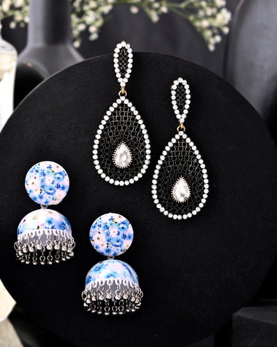 Women's Set Of 2 Earrings- Blue Printed Jhumka With Black  Ad Studded Drop  Earrings