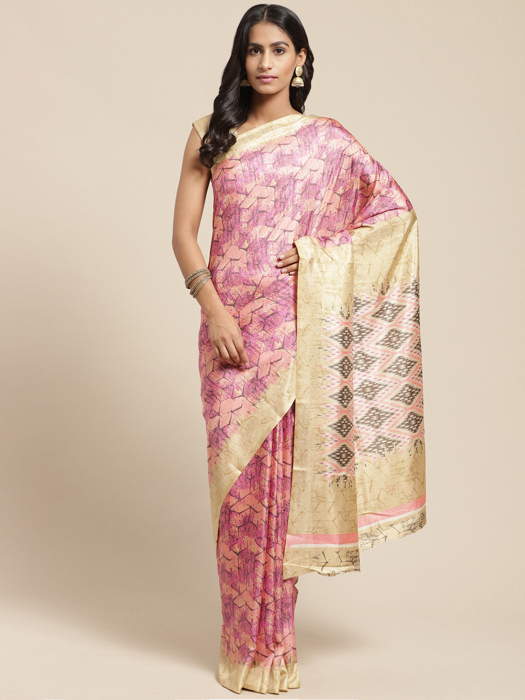 Women's Pink Art Silk Printed Saree