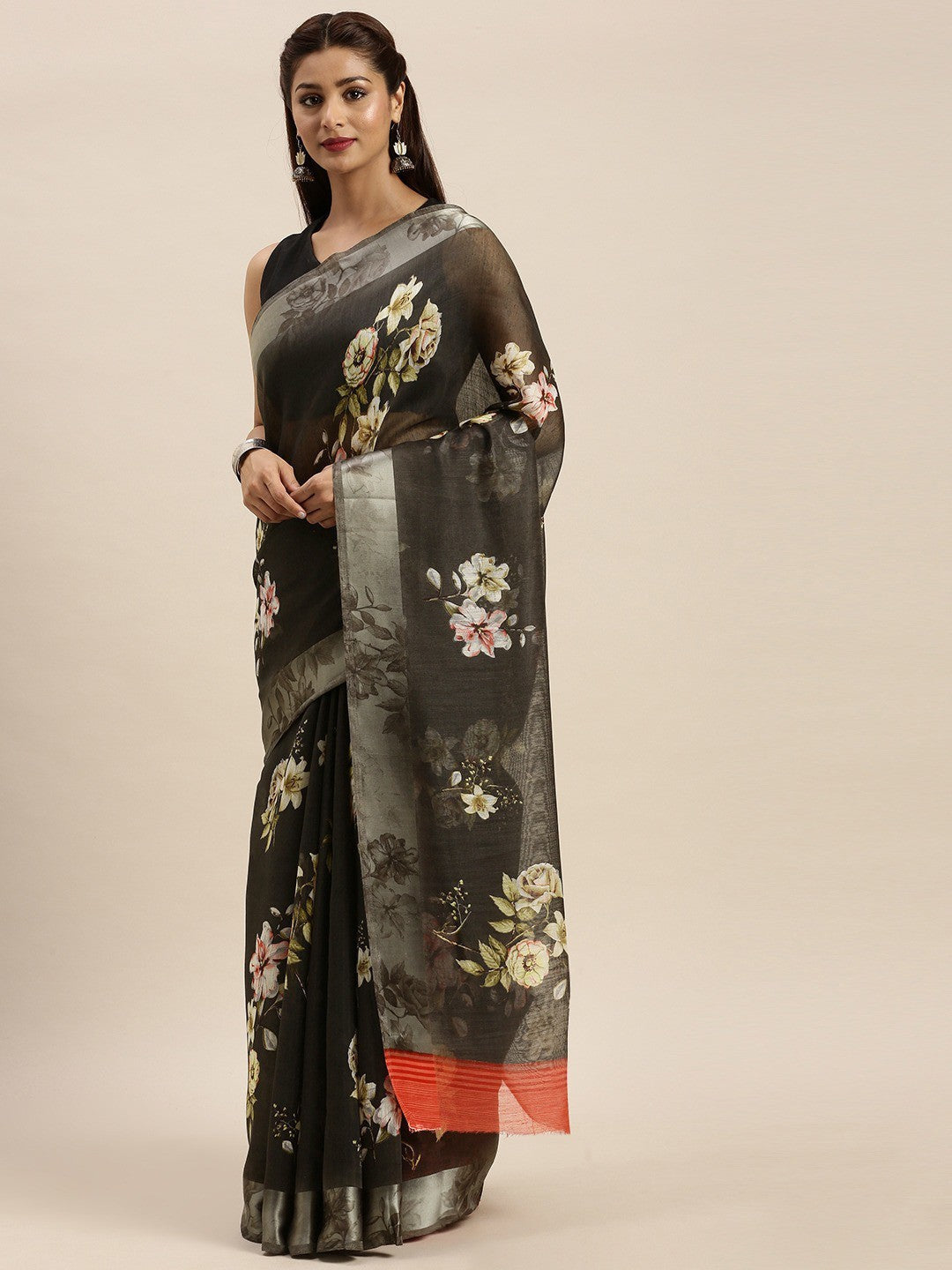 Women's Black Art Silk Printed Saree