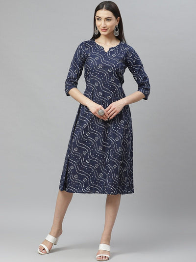 Women's Navy Blue Cotton Printed 3/4 Sleeve Round Neck Casual Dress
