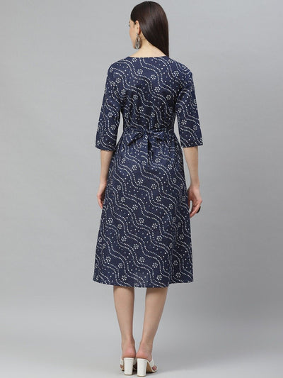 Women's Navy Blue Cotton Printed 3/4 Sleeve Round Neck Casual Dress