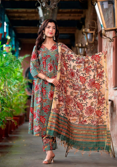 Women's Grey And red Printed Viscose Rayon Kurta, Pant And Dupatta Set