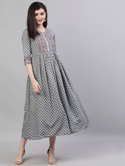 Women's Blue Ethnic Motifs Printed Round Neck Cotton Maxi Dress