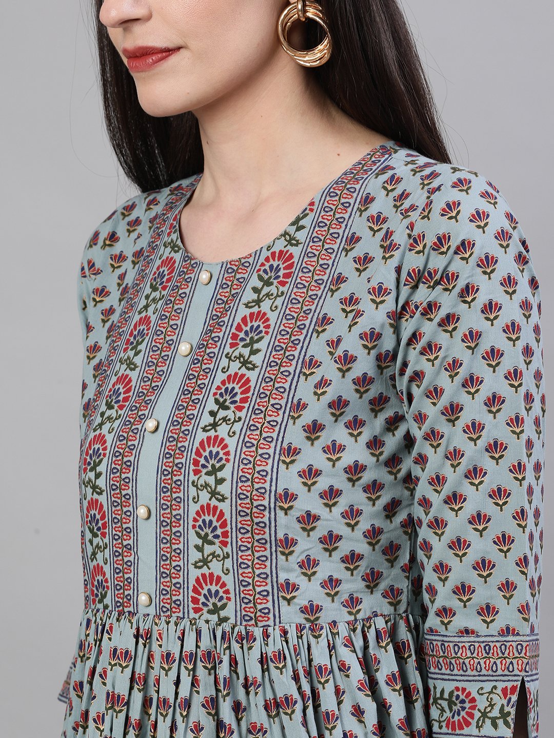 Women's Blue Ethnic Motifs Printed Round Neck Cotton Maxi Dress