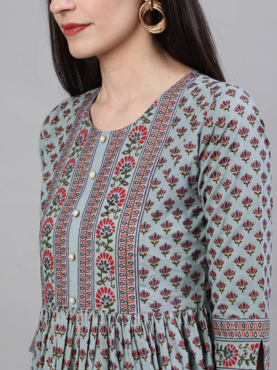 Women's Blue Ethnic Motifs Printed Round Neck Cotton Maxi Dress