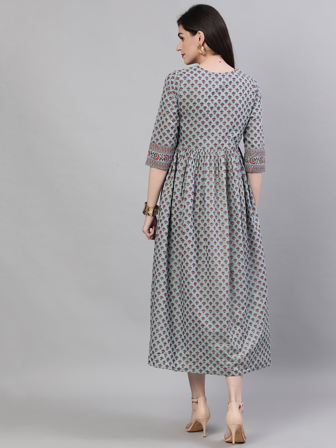 Women's Blue Ethnic Motifs Printed Round Neck Cotton Maxi Dress