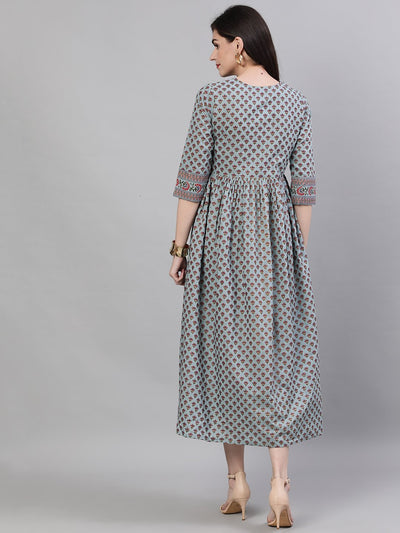 Women's Blue Ethnic Motifs Printed Round Neck Cotton Maxi Dress
