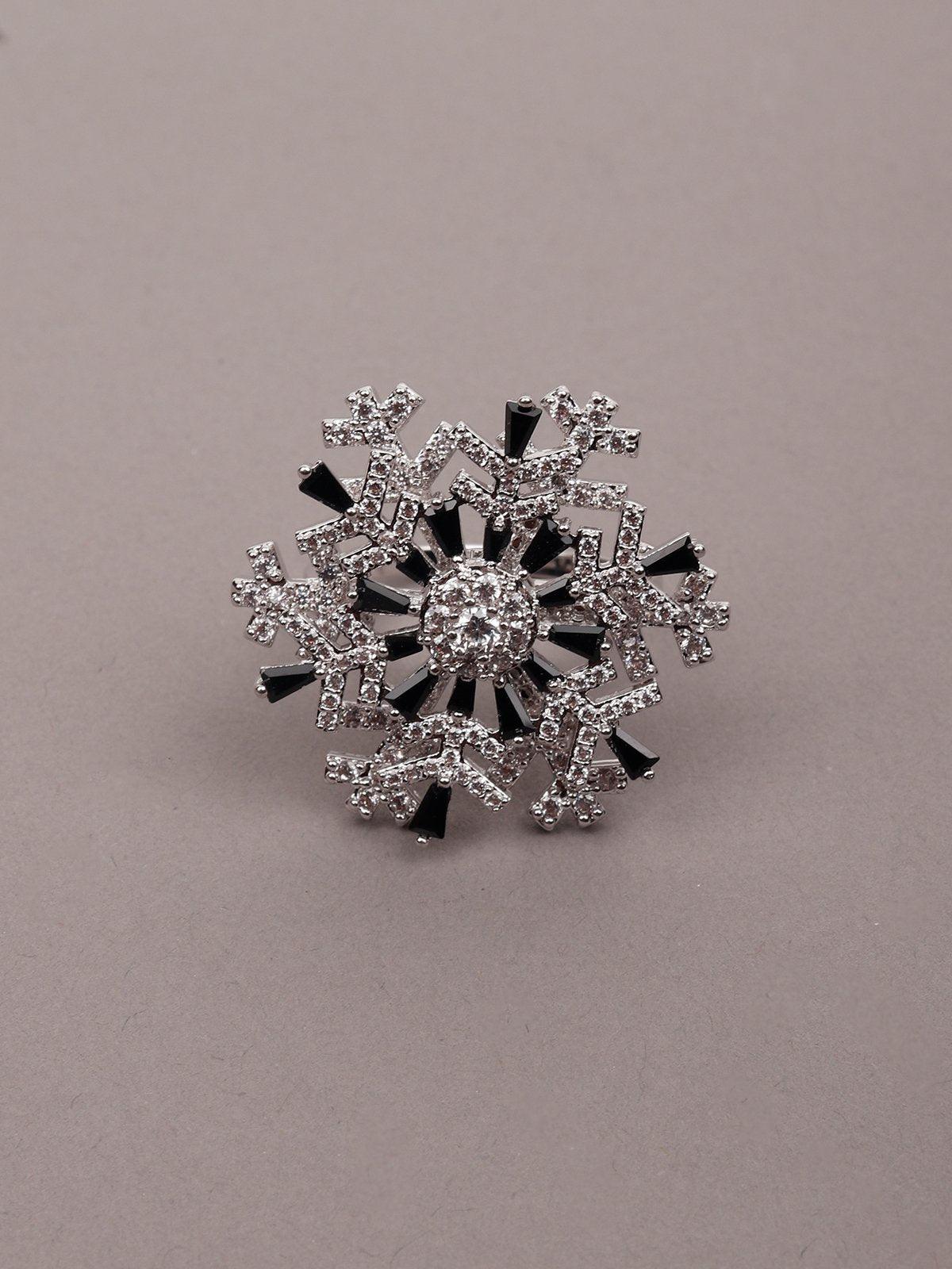 Women's Black Beaded Silver-Tone Statement Finger Ringã‚