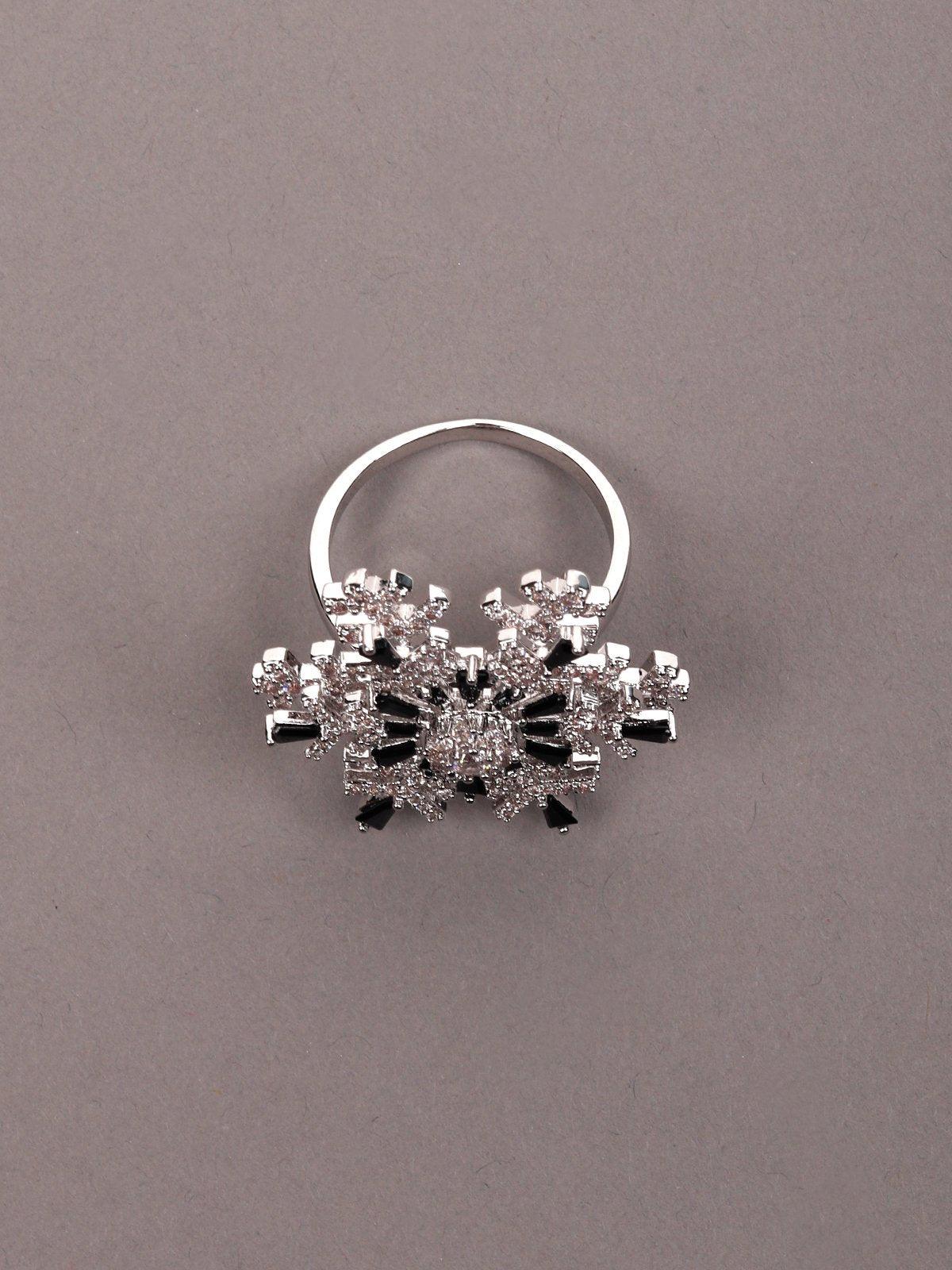 Women's Black Beaded Silver-Tone Statement Finger Ringã‚