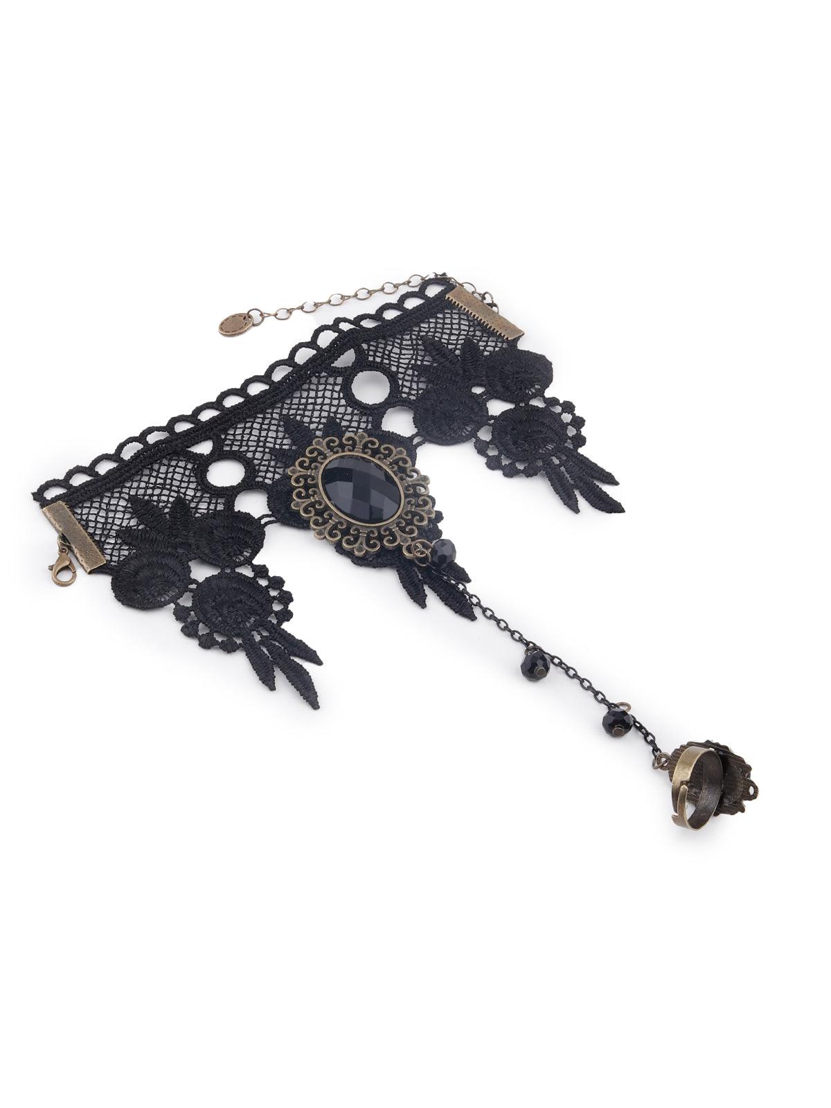 Women's Black Lace Bracelet Secured With A Ring Chai
