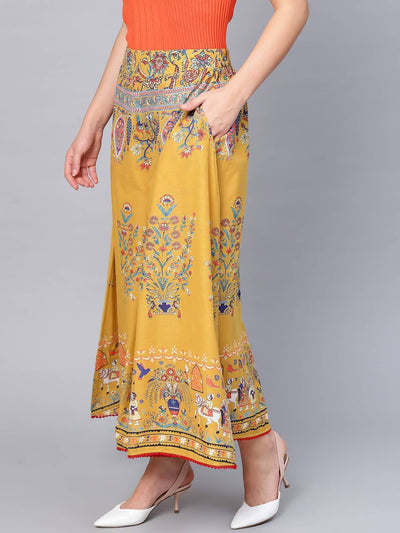 Women's Mustard Cotton Printed Flared Palazzo