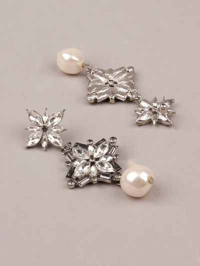 Women's White Faux Pearl And Stone Dangle Earrin