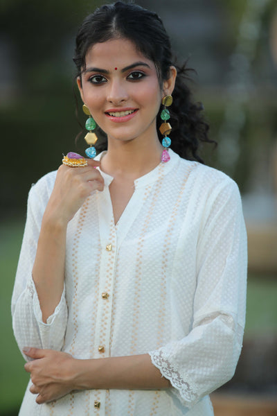 Women's White Cotton Dobby Printed A-Line Kurta With Mask