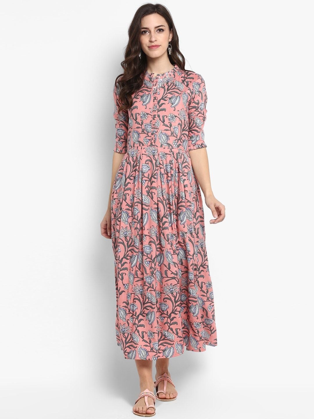 Women's Peach-Coloured Printed Maxi Dress