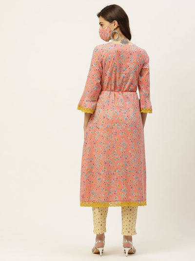 Women's Kurta with Floral Print Jacket and Mask