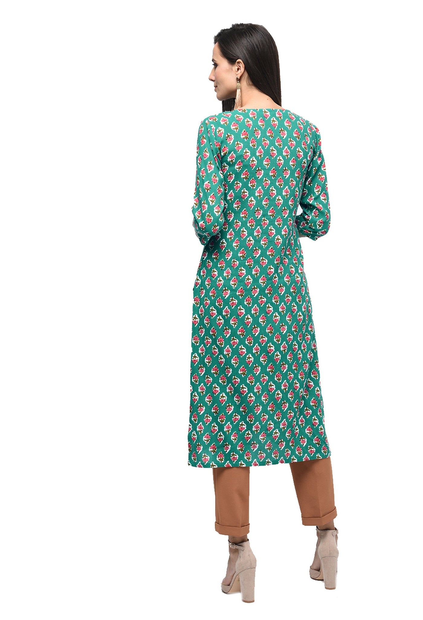 Women's Green Rayon Printed Regular Sleeves Round Neck Casual Kurta Only