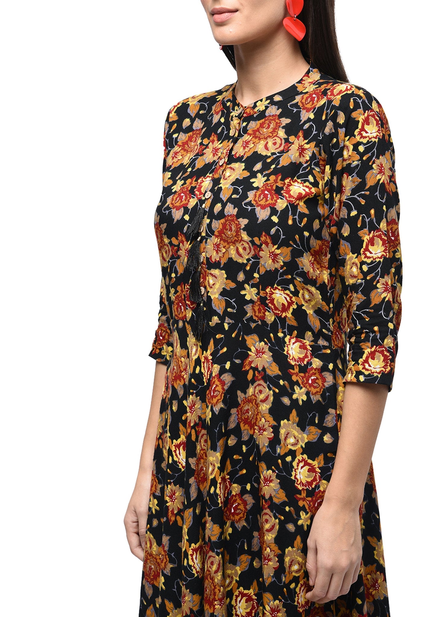 Women's Black Rayon Printed Regular Sleeves Collared Neck Casual Kurta Only