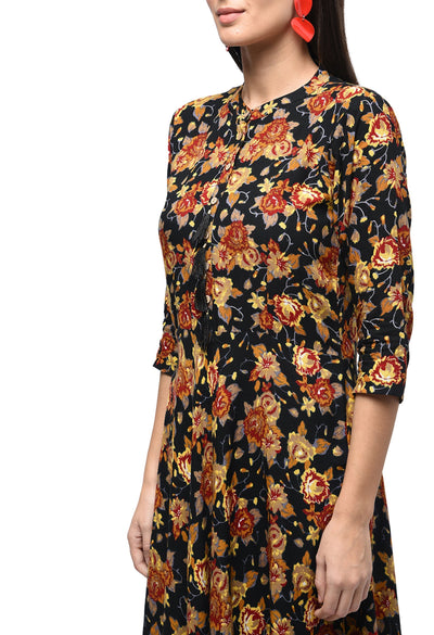 Women's Black Rayon Printed Regular Sleeves Collared Neck Casual Kurta Only