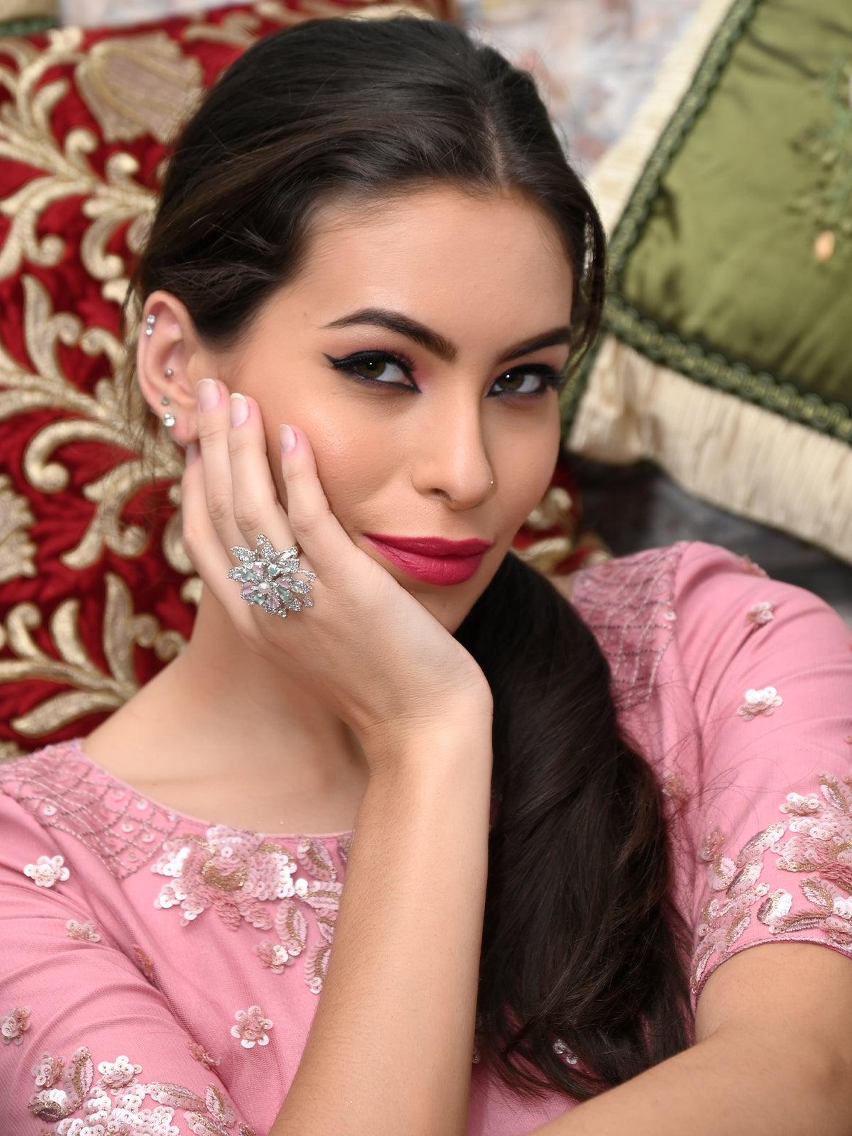 Women's Embellished Multicolor Austrian Diamond Studded Rin