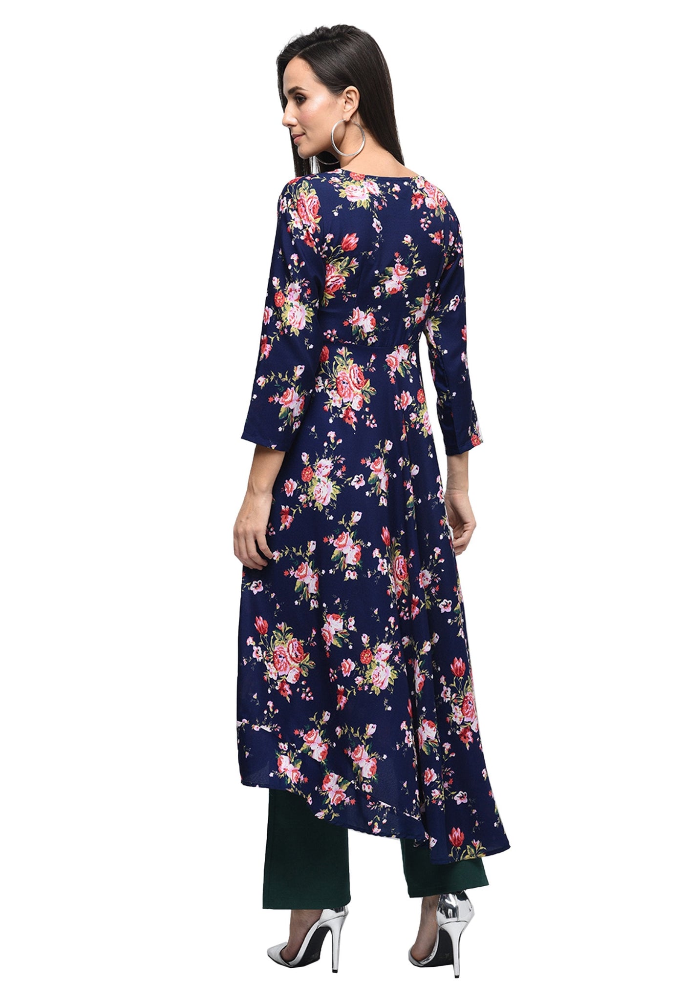 Women's Dark Blue Polyester Printed Regular Sleeves Round Neck Casual Kurta Only