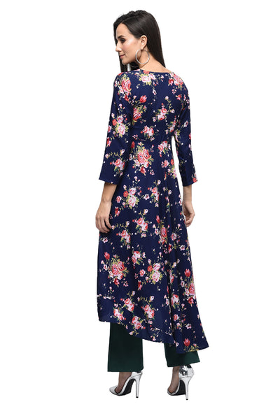 Women's Dark Blue Polyester Printed Regular Sleeves Round Neck Casual Kurta Only