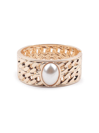 Women's Gold-Tone Textured Stunning White Pearl Embellished Bracele