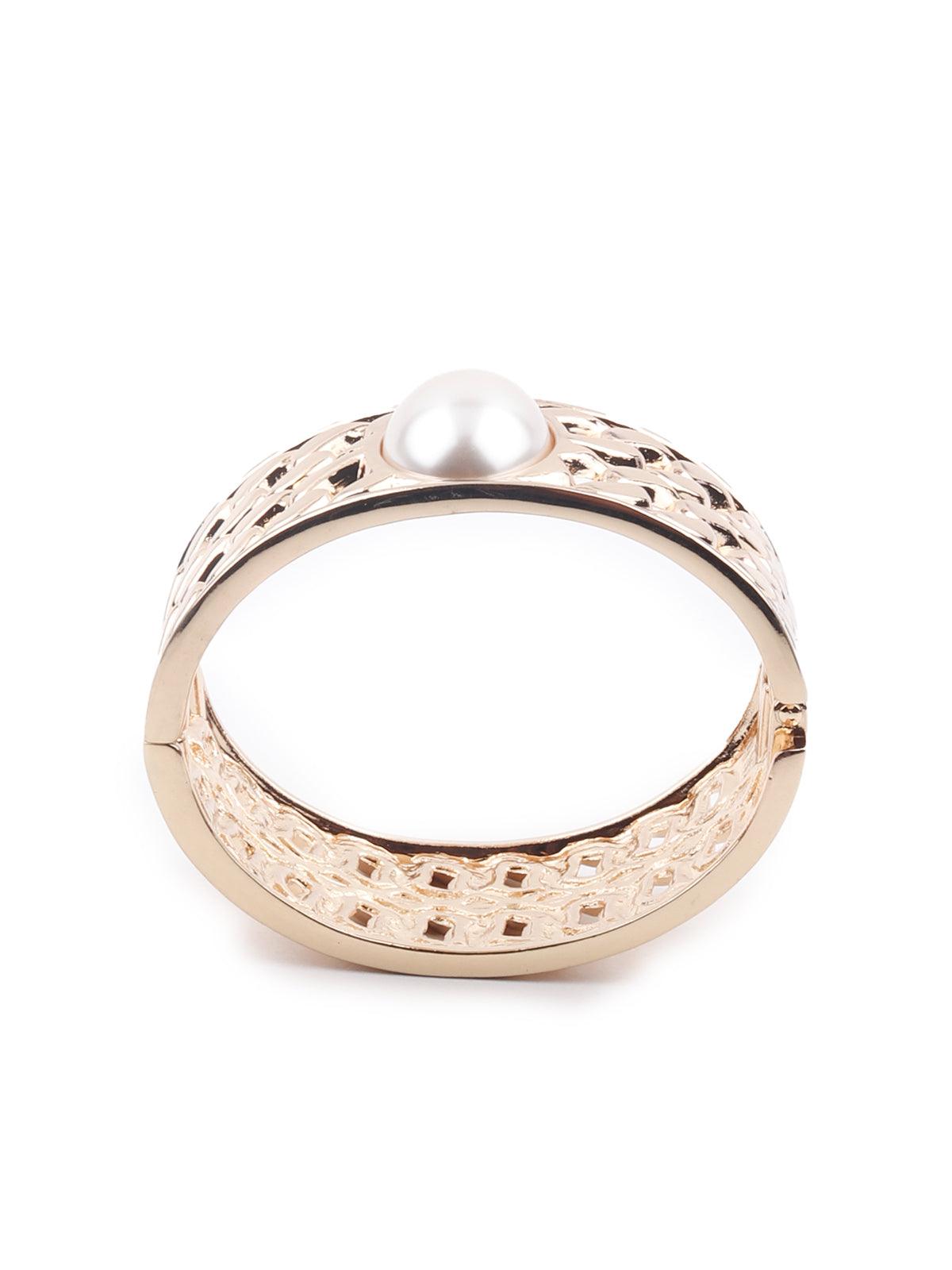 Women's Gold-Tone Textured Stunning White Pearl Embellished Bracele