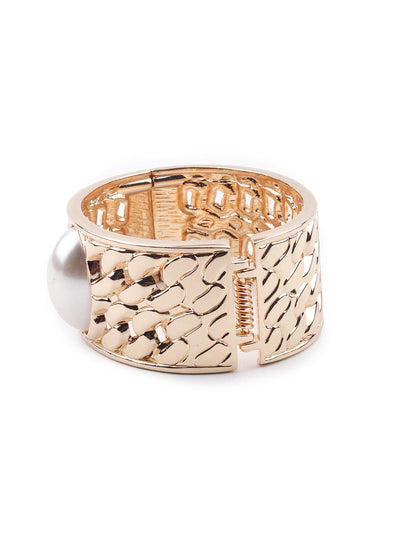 Women's Gold-Tone Textured Stunning White Pearl Embellished Bracele