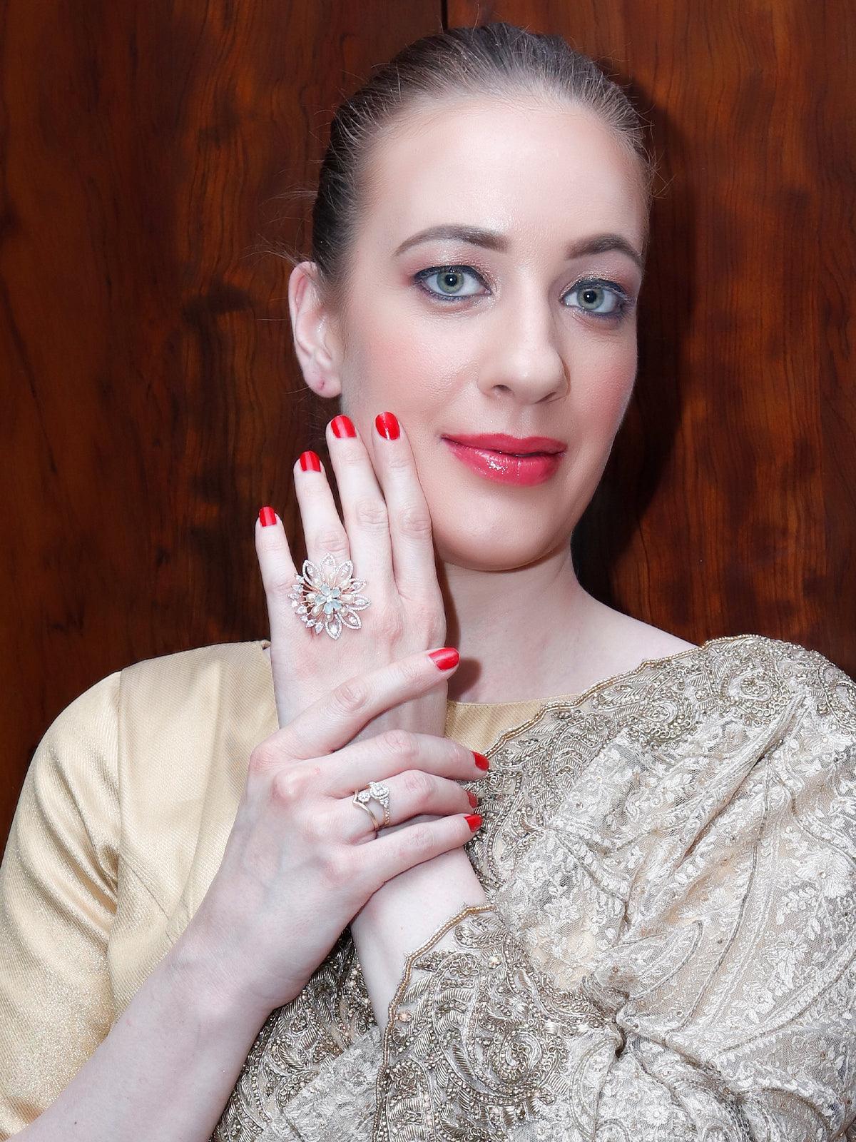 Women's Green And White Embellished Rin