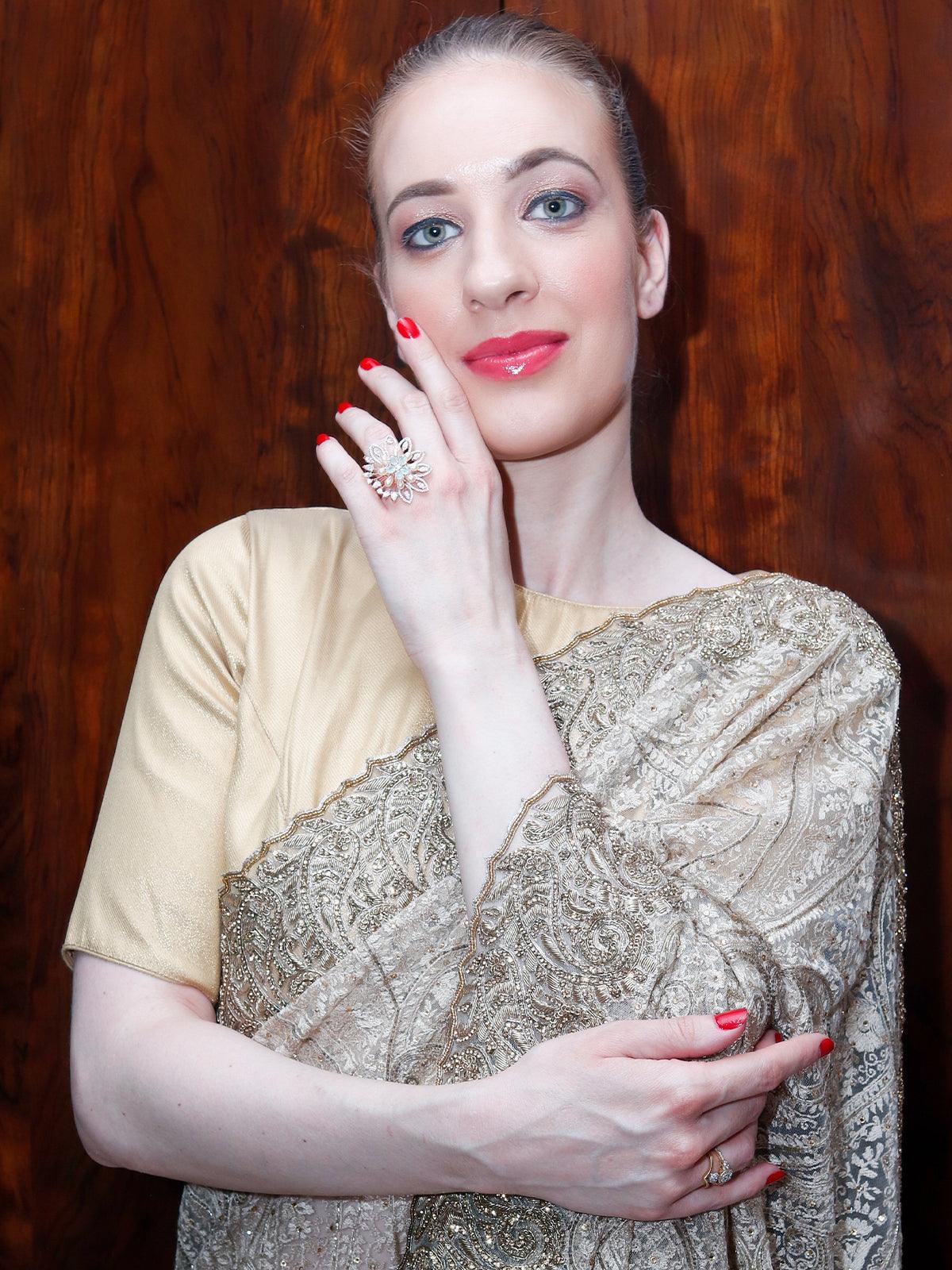 Women's Green And White Embellished Rin