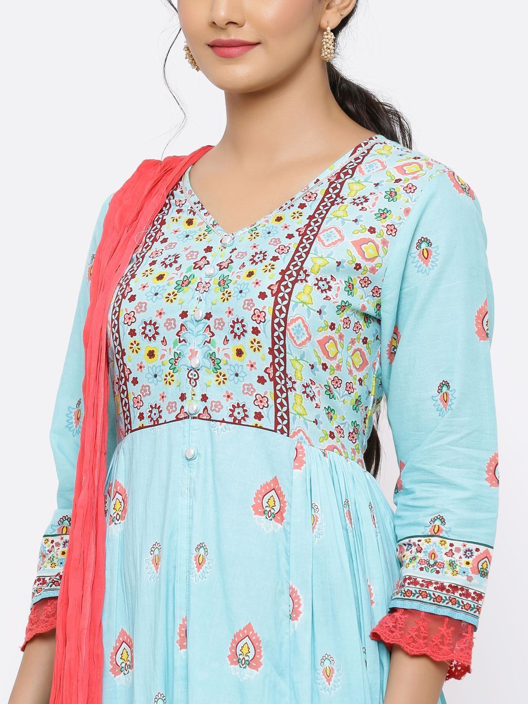 Women's Blue Cambric Printed Anarkali Kurta With Dupatta