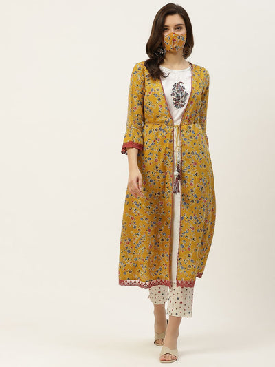 Women's Kurta with Floral Print Jacket and Mask