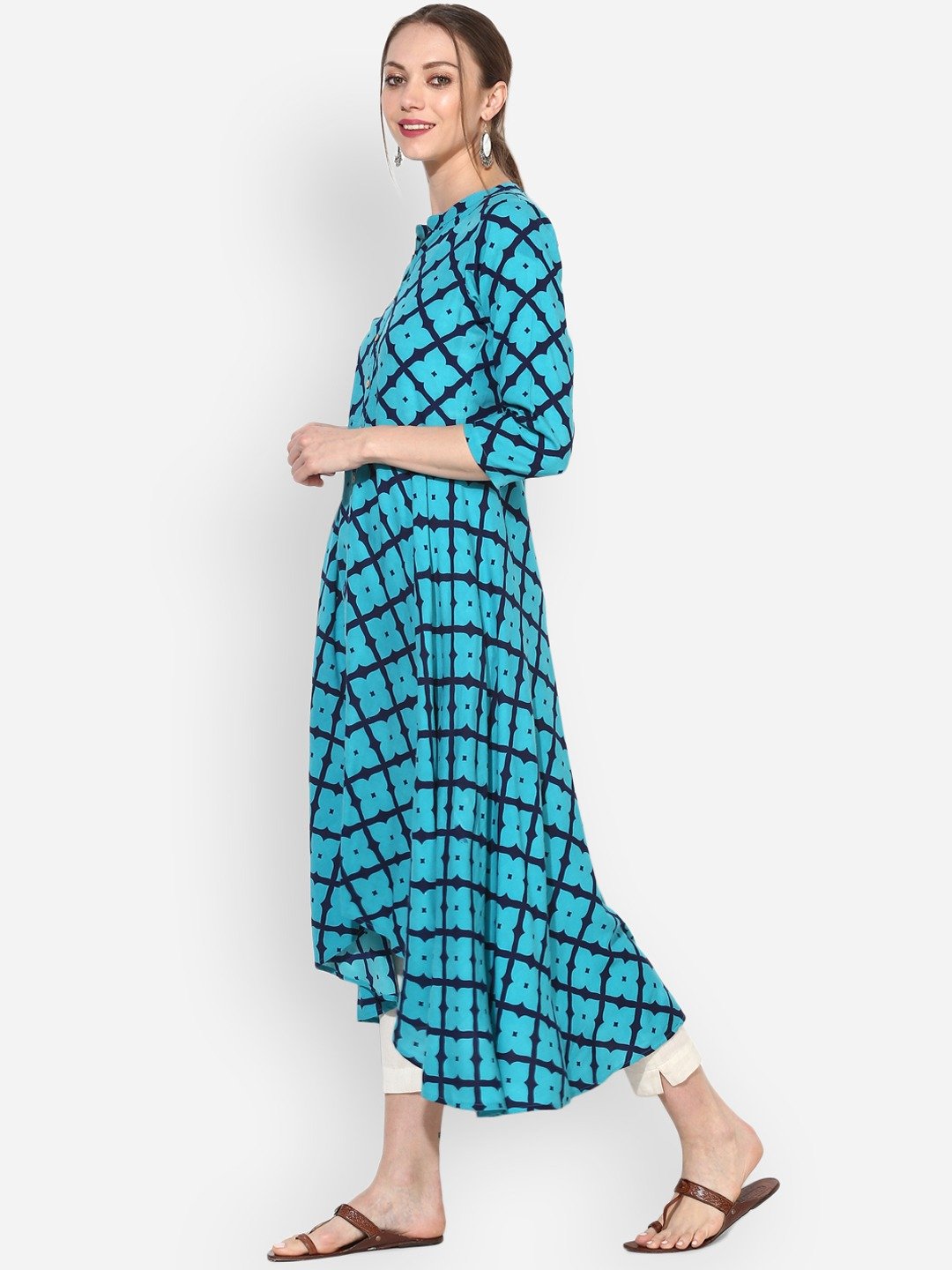 Women's Blue Rayon Printed 3/4 Sleeve Round Neck Casual Kurta Only