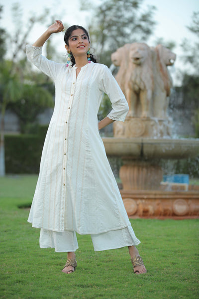 Women's White Cotton Dobby Printed A-Line Kurta With Mask