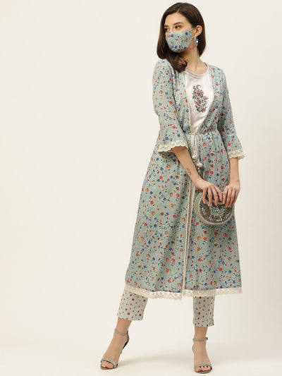 Women's Kurta with Floral Print Jacket and Mask