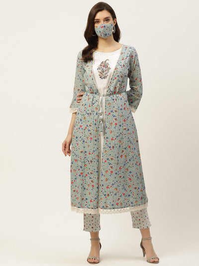 Women's Kurta with Floral Print Jacket and Mask