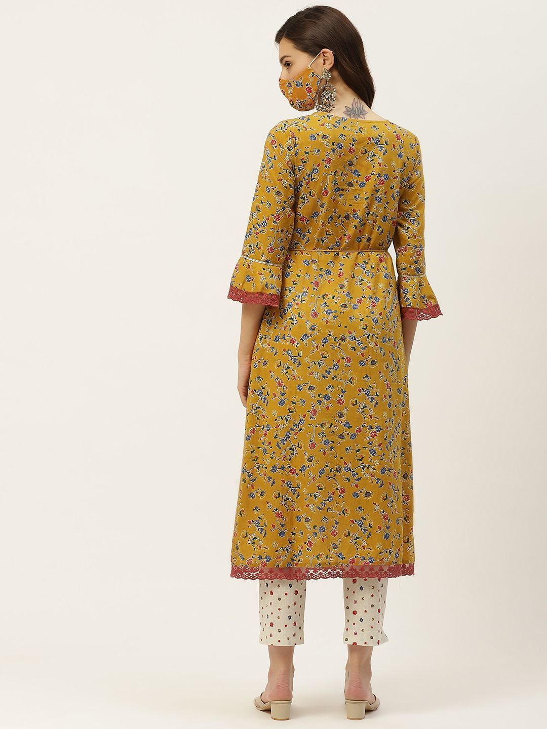 Women's Kurta with Floral Print Jacket and Mask