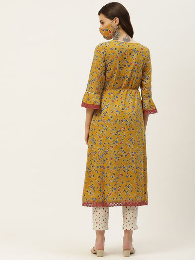 Women's Kurta with Floral Print Jacket and Mask